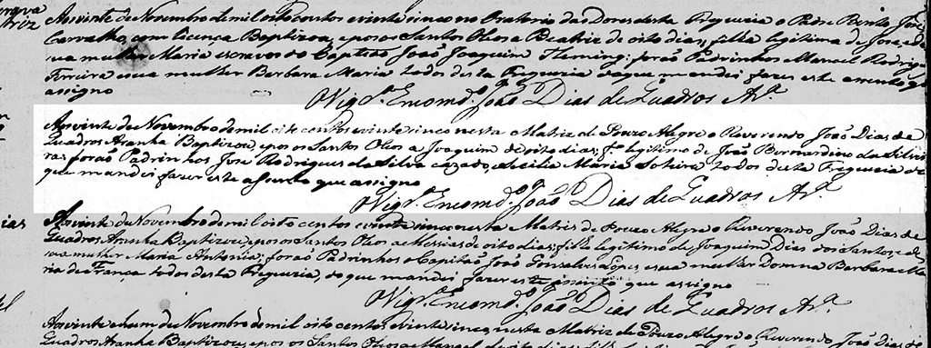Registro de batismo de Joaquim, em Pouso Alegre, Estado de Minas Gerais, no dia 20 de novembro de 1825