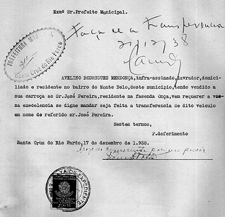 Em 1938, requerimento pede ao prefeito a transferência da carroça de Avelino Mendonça, que havia sido vendida