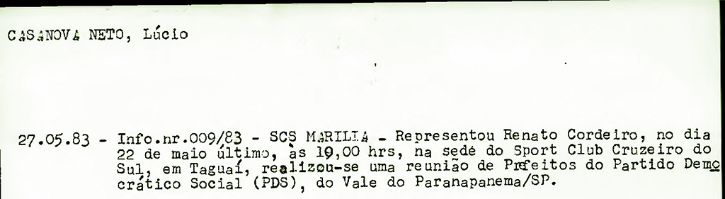 Acima, ficha mostra que ditadura vigiava os passos do ex-deputado Lúcio Casanova Neto, cassado pelo AI-5 apesar de ser simpatizante do regime militar instalado em 1964
