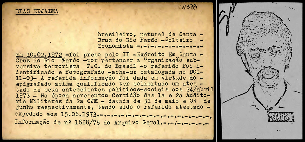 A ficha do economista santa-cruzense Edjalma Dias, disponível no arquivo digital do governo de São Paulo, diz que ele pertencia à “organização subversiva terrorista” PC do B (Partido Comunista do Brasil) e traz, inclusive, uma fotografia apagada do então líder estudantil. Edjalma foi preso em Santa cruz em fevereiro de 1972