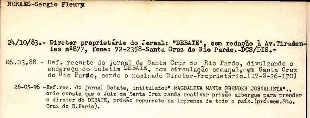 Ficha do jornalista Sérgio Fleury traz informações até de 1996, quando o Deops já havia sido extinto com a volta da democracia ao País
