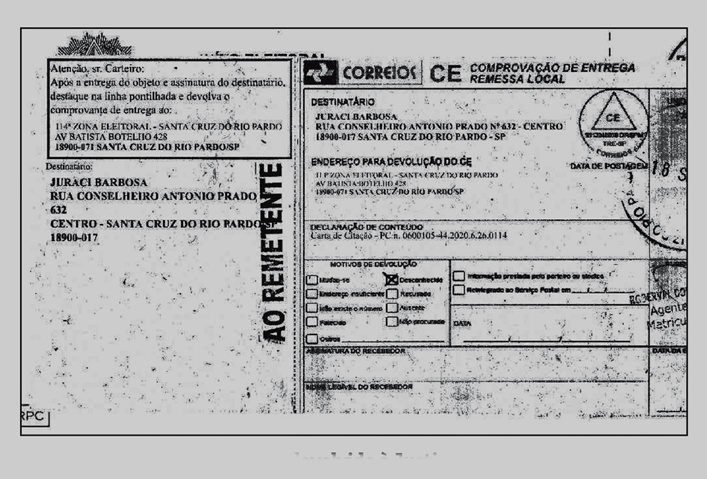 Justiça intima Juraci Barbosa, do Podemos, mas cartão postal retorna: ‘desconhecido’